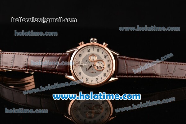 Tag Heuer Mikrograph Chrono Miyota OS10 Quartz Rose Gold Case with Brown Leather Strap and White/Grey Dial - Click Image to Close